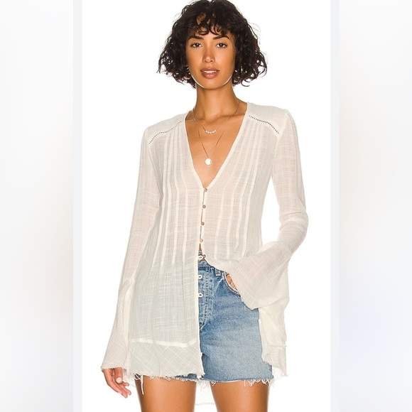 Free People Tops - Free People Greta Gauze Top M Ivory Button Front Bell Sleeves Lightweight Sheer